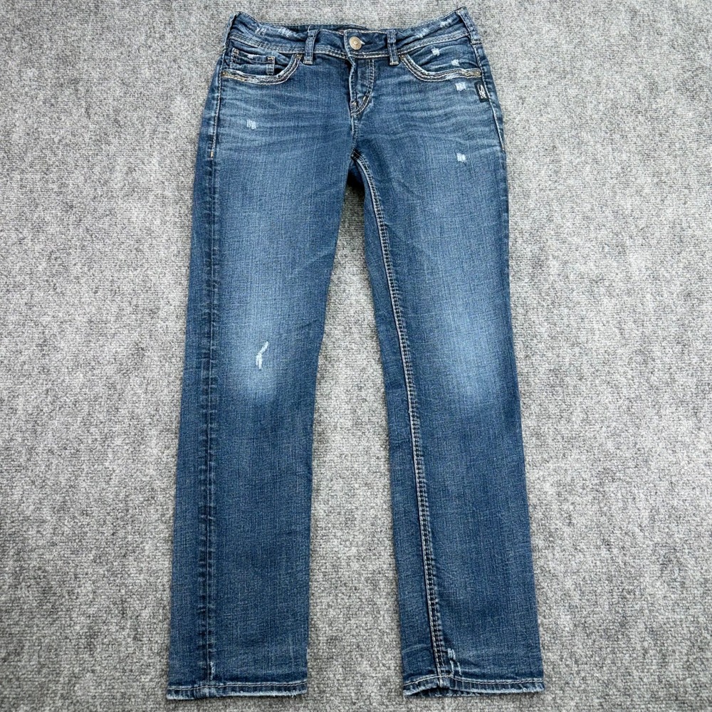 Silver Jeans Womens 28x27 (Fits 30x28.5) Blue Suki Ankle Slim Stretch Distressed
